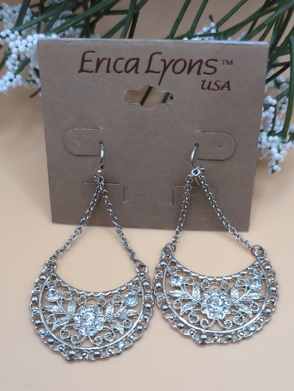 ERICA LYONS Silvertone Sparkly Long Earrings NWT